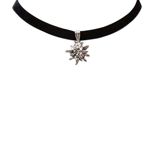 Trachtenschmuck Samt Trachtenkette Strass-Edelweiß klein (schwarz) * Damen Dirndlkette elastisch Oktoberfest