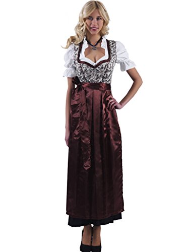 Alpenmärchen 3tlg. Dirndl-Set lang – Trachtenkleid, Bluse, Schürze, Gr. 46, braun – ALM746