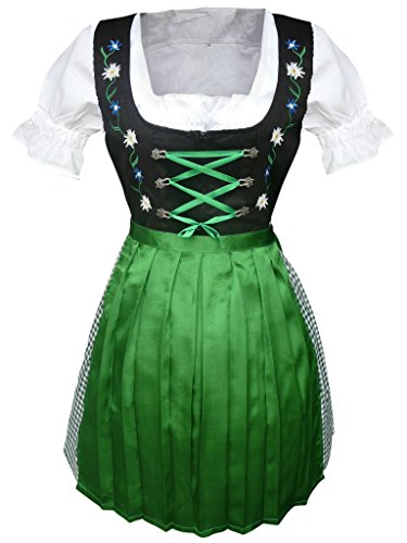 Di13 Mini Dirndl, 3 teiliges Trachtenkleid in grün schwarz mit Blumenstickerei, Kleid mit Bluse und grüner Schürze, Rocklänge 54 cm, Gr. 40