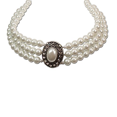 Trachtenschmuck Trachtenkette Perlen 3-reihig (cremeweiß) * Damen Dirndlkette, Perlenkette Oktoberfest