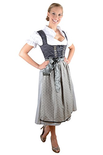 Edelnice 3-teiliges Midi Dirndl grau anthrazit inkl. Schürze und Dirndlbluse (58, grau)