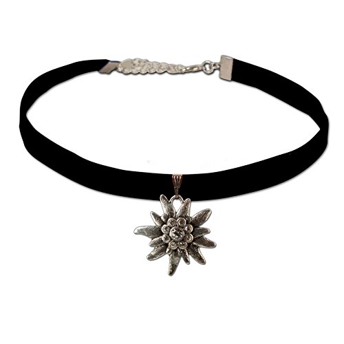 Trachtenschmuck Trachten-Samtkropfband Strass-Edelweiss groß (schwarz) * Damen Dirndlkette,Trachtenkette elastisch