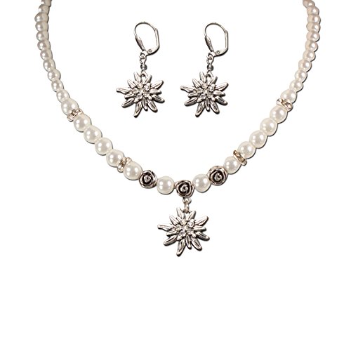 Alpenflüstern Damen Trachtenschmuck-Set Perlenkette und Trachten-Ohrhänger Strass-Edelweiß weiß SET00500010