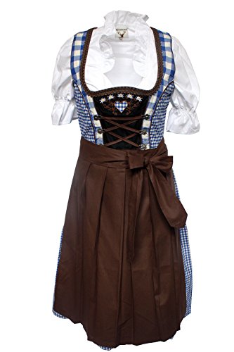 Alpenmärchen, 3tlg. Dirndl-Set – Trachtenkleid, Bluse, Schürze, Gr.44, blau-braun, ALM013