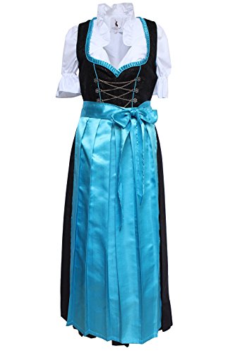 Alpenmärchen 3tlg. Dirndl-Set – Trachtenkleid, Bluse, Schürze, Gr. 54, schwarz-türkis – ALM503T