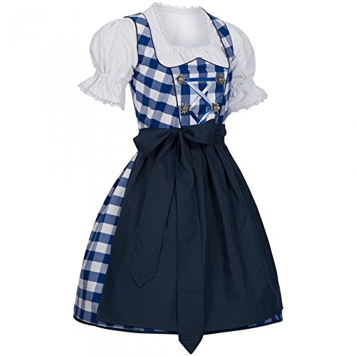 PAULGOS Dirndl Set 3 Teilig Marie, Trachtenkleid, Dirndl Bluse, passende Schürze, verschiedene Farben, Farbe:Blau, Damen Größe:42