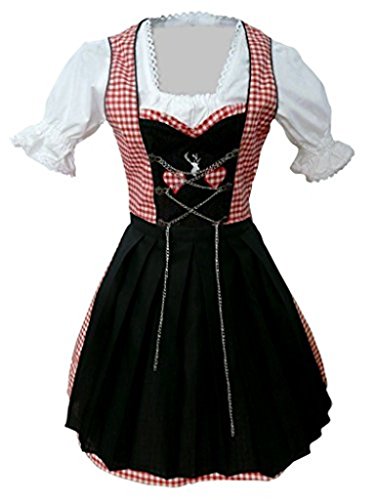 Di04 Mini Dirndl, 3 teiliges Trachtenkleid in rot weiß, Kleid mit Bluse und schwarzer Schürze, Rocklänge 47-56 cm, Gr. 52