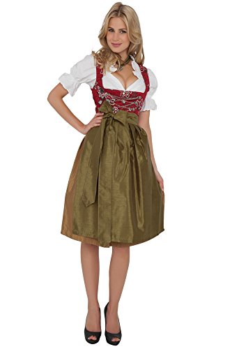 3tlg., rotes Midi Dirndl mit grüner Schürze Größe 38