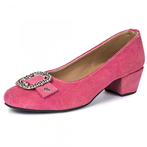 PAULGOS Damen Trachtenschuhe Dirndl Schuhe Trachten Pumps Echtes Leder Pink Gr. 36-44, Schuhgröße:40, Farbe:Pink