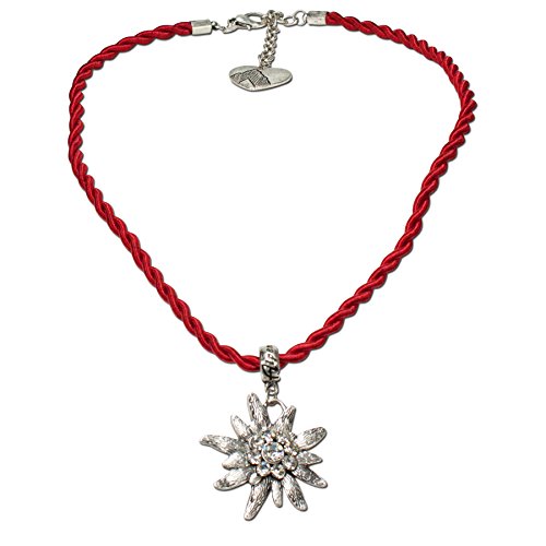 Trachtenschmuck Trachtenkette Kordel mit Strass-Edelweiß (rot) * Damen Dirndlkette, Kordelkette Oktoberfest