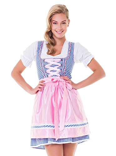 Alpenmärchen, 3tlg. Dirndl-Set – Trachtenkleid, Bluse, Schürze, Gr.38, blau-rosa – ALM3026