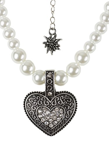 elegante Perlenkette mit großem Herz und kleinen Edelweiss Anhänger Strasssteine schwarz oder weiss Trachtenkette für Dirndl und Lederhose (Weiss)
