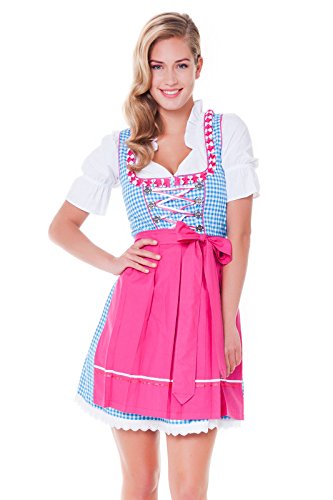 3tlg. Dirndl-Set – Trachtenkleid, Bluse, Schürze, Gr.36, türkis-fuchsia – ALM627T