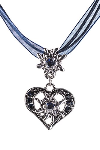 Trachtenkette elegantes Herz mit Strass und Edelweiss Anhänger Trachtenschmuck Kette für Dirndl und Lederhose Damen in vielen Farben (Blau)