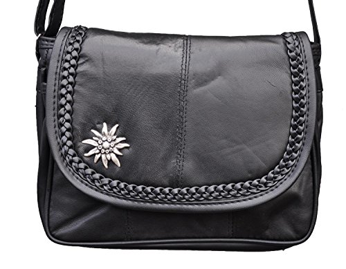 Trachten Tasche Handtasche mit Edelweiss Echt Leder Schwarz 6627