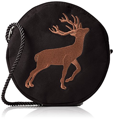 Alpenflüstern Damen Trachten-Rundtasche Hirschstickerei Umhängetaschen, Schwarz (Schwarz 00), 16x16x2 cm
