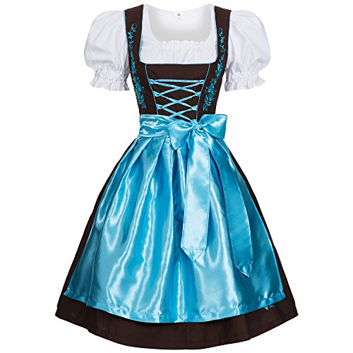 Dirndl Set 3 tlg. braun mit Stickerei hellblau leuchtende Schürze, Größe 46