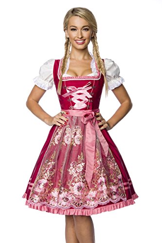 DIRNDLINE Mini-Dirndl Trachtenkleid (2-tlg. Kleid & Schürze) mit Borten und Rüschen – schimmernde Tüllschürze mit aufwendigen Stickereien – A7O022, Größe:38;Farbe:rot