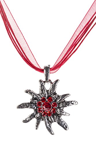 Trachtenkette Edelweiss Trachtenschmuck – Trachten Kette mit feinem Strass in div. Farben – Halskette für Dirndl und Lederhosen (Rot)