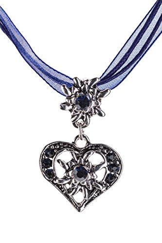 Trachtenkette elegantes Herz mit Strass und Edelweiss in vielen Farben – Anhänger Trachtenschmuck Kette für Dirndl und Lederhose Damen (Sapphire)