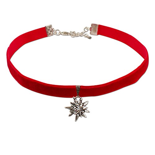 Alpenflüstern Trachten-Samt-Kropfband Strass-Edelweiß klein – Trachtenkette enganliegend, Kropfkette elastisch, Damen-Trachtenschmuck, Samtkropfband schmal rot DHK099