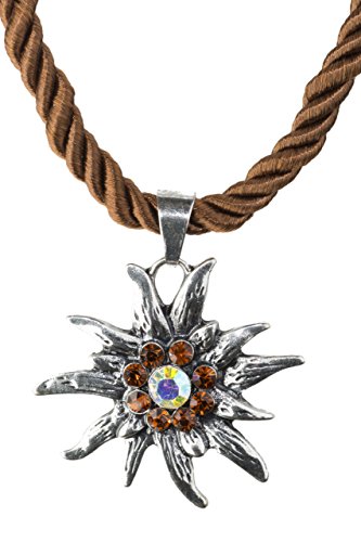 Trachtenkette Edelweiss Anhänger mit Kordellband diverse Farben Trachten Kette für Dirndl und Lederhose Trachtenschmuck (Braun)