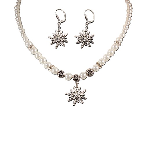 Trachtenschmuck Trachtenset Perlenkette & Edelweissohrhänger (cremeweiß) * Damen Dirndlkette, Perlenkette Oktoberfest