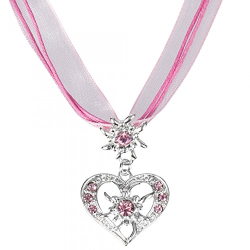 PAULGOS Trachtenkette Trachtenschmuck Halskette Anhänger Herz Trachten Kette mit Strass und Edelweiss in 5 Farben TSK2, Farbe:Pink, Größe Onesize:Onesize