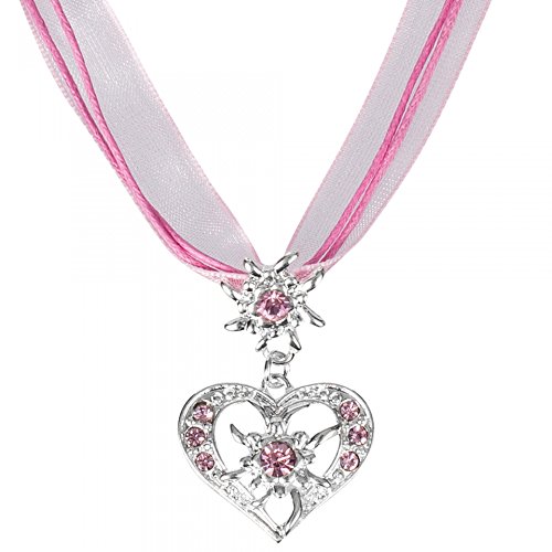 PAULGOS Trachtenkette Trachtenschmuck Halskette Anhänger Herz Trachten Kette mit Strass und Edelweiss in 5 Farben TSK2, Farbe:Pink, Größe Onesize:Onesize
