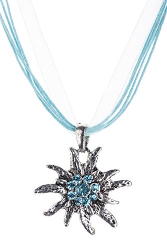 Trachtenkette Edelweiss Trachtenschmuck – Trachten Kette mit feinem Strass in div. Farben – Halskette für Dirndl und Lederhosen (Türkis)