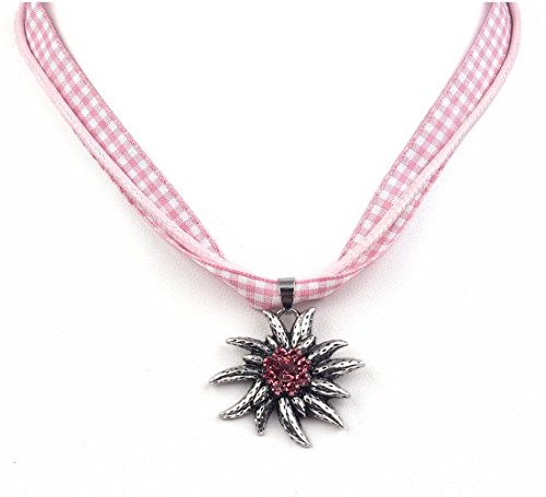 EROSPA® Trachten Hals-Kette mit silbernen Edelweiss-Anhänger Damen Schmuck Oktoberfest Dirndl Trachtenmode Wiesn pink kariert