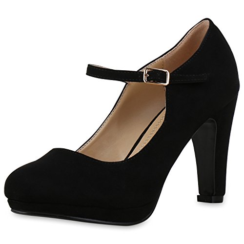 Damen Pumps Mary Janes Blockabsatz High Heels T-Strap Damen Pumps Schwarz 38