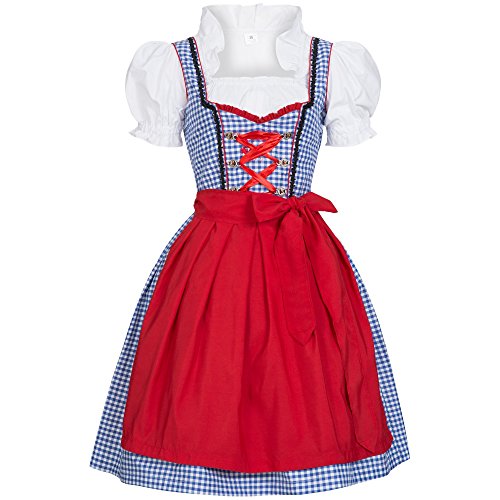 Dirndl Susi blau weiß kariert mit Schürze in rot