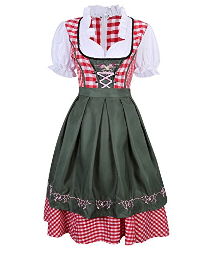 KoJooin Damen Dirndl Set Karierte Dirndlbluse Stehkeragen Trachtenkleid Oktoberfest Karneval Kostüme 2 Teilig Grün