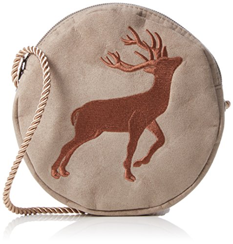 Alpenflüstern Damen Trachten-Rundtasche Hirschstickerei Umhängetaschen, Beige (Taupe-Braun 35), 16x16x2 cm