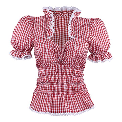 Trachtenbluse Bluse Damen Tuniken Mieder Corsage Shirt Volant Rüsche Freizeit Business Hochzeit Rot Weiß Karo (36)